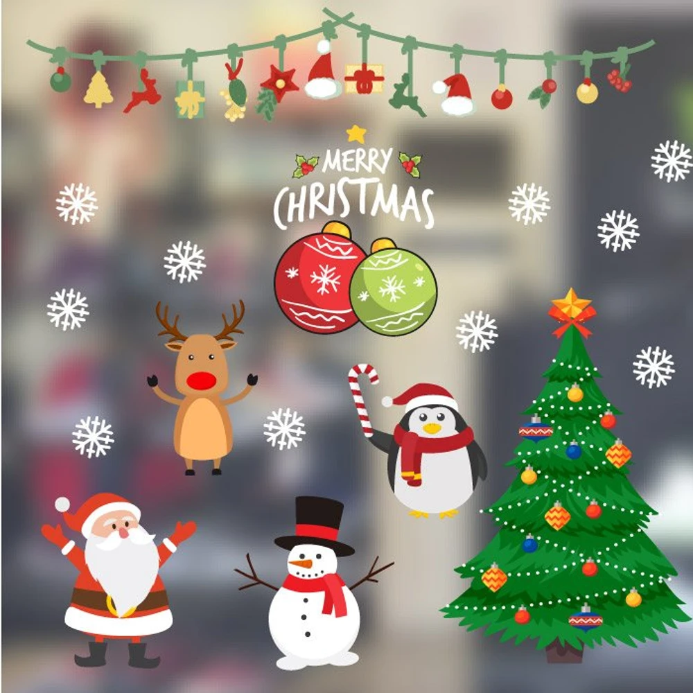 Decal trang trí noel ông già noel và quả châu sắc màu