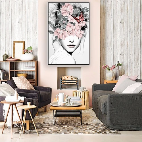 Tranh treo tường thiếu nữ và hoa