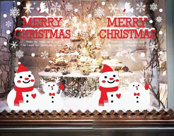 Decal tĩnh điện 2 mặt trang trí noel cặp đôi người tuyết và chữ merry christmas (nền trắng đục)