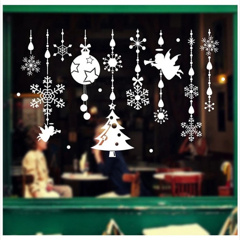 Decal trang trí noel dây treo hoa tuyết và thiên thần