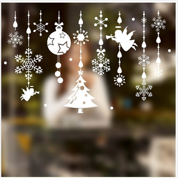 Decal trang trí noel dây treo hoa tuyết và thiên thần