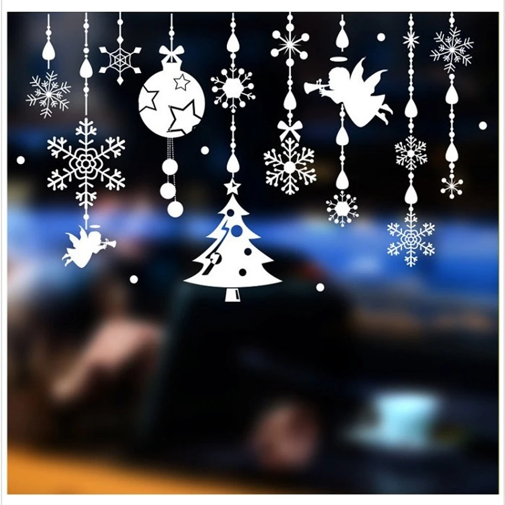 Decal trang trí noel dây treo hoa tuyết và thiên thần