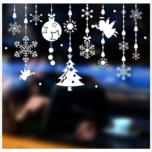 Decal trang trí noel dây treo hoa tuyết và thiên thần