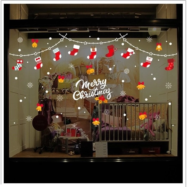 Decal 2 mặt trang trí noel dây treo vớ đỏ chuông vàng