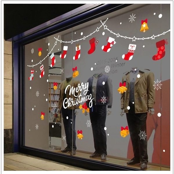 Decal 2 mặt trang trí noel dây treo vớ đỏ chuông vàng