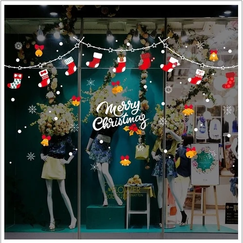 Decal trang trí noel dây treo tất đỏ chuông vàng