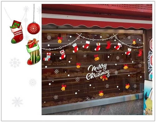 Decal trang trí noel dây treo tất đỏ chuông vàng