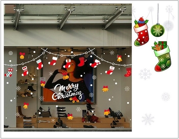 Decal 2 mặt trang trí noel dây treo vớ đỏ chuông vàng