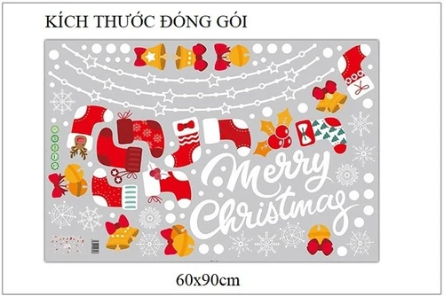 Decal trang trí noel dây treo tất đỏ chuông vàng
