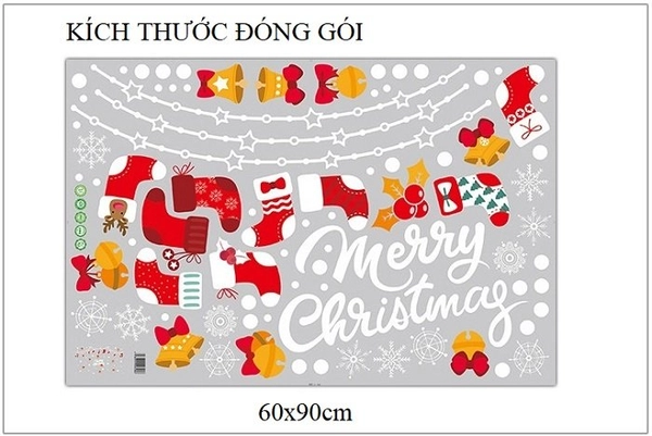 Decal 2 mặt trang trí noel dây treo vớ đỏ chuông vàng