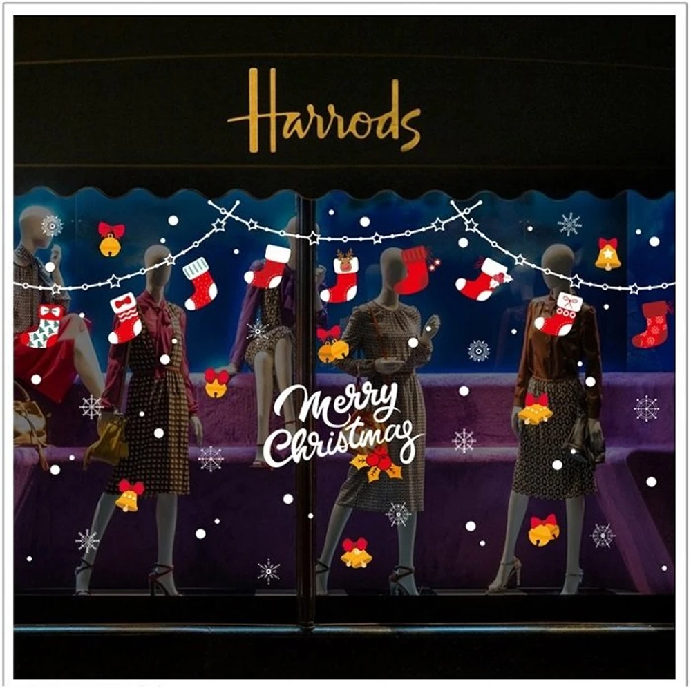 Decal trang trí noel dây treo tất đỏ chuông vàng