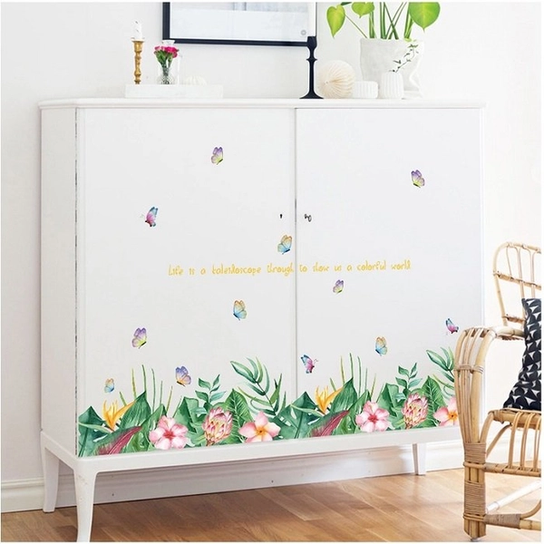 Decal dán tường chân tường lá xanh hoa hồng