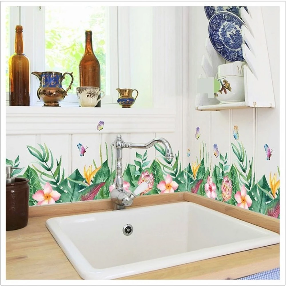 Decal dán tường chân tường lá xanh hoa hồng