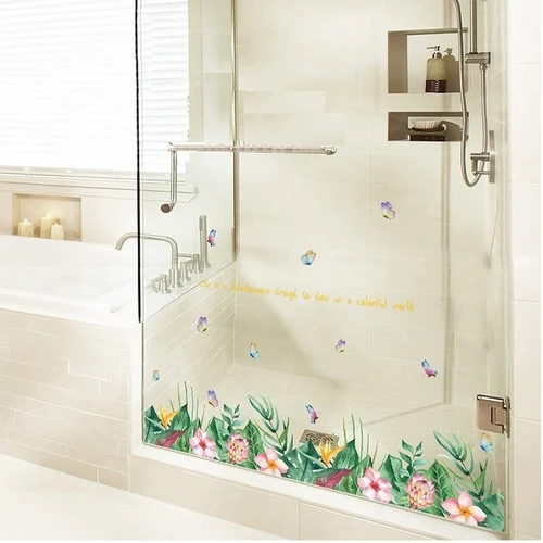 Decal dán tường chân tường lá xanh hoa hồng