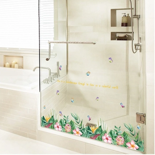 Decal dán tường chân tường lá xanh hoa hồng