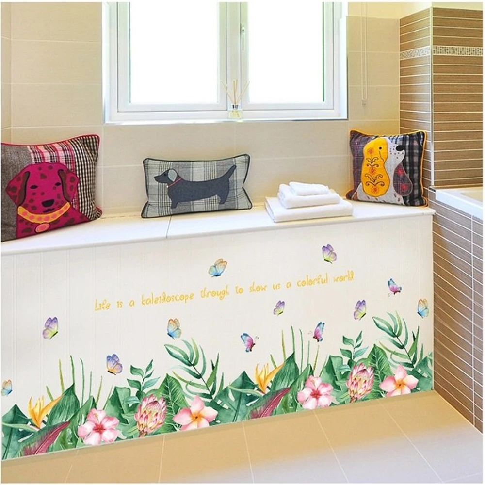 Decal dán tường chân tường lá xanh hoa hồng