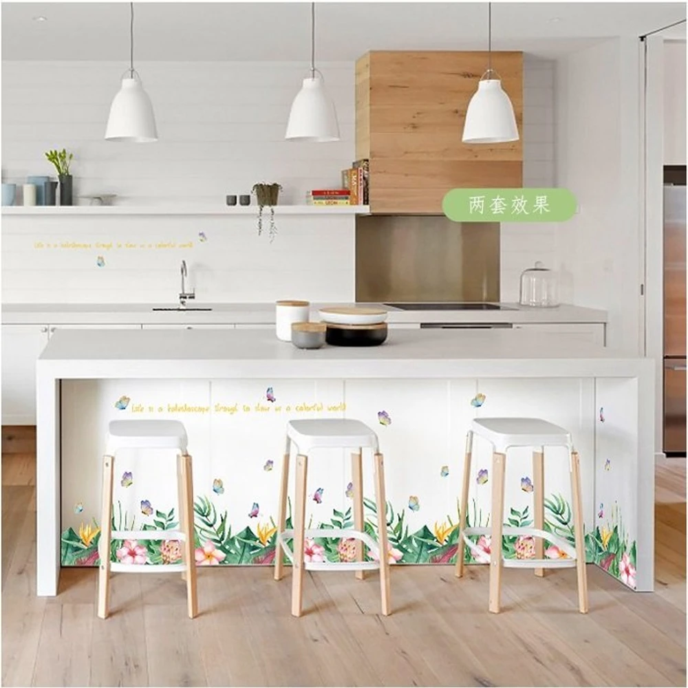 Decal dán tường chân tường lá xanh hoa hồng