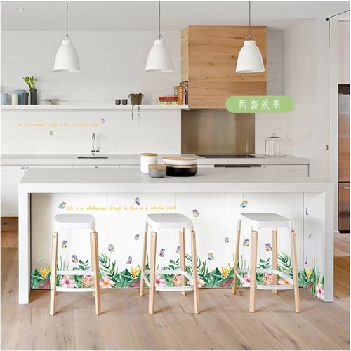 Decal dán tường chân tường lá xanh hoa hồng