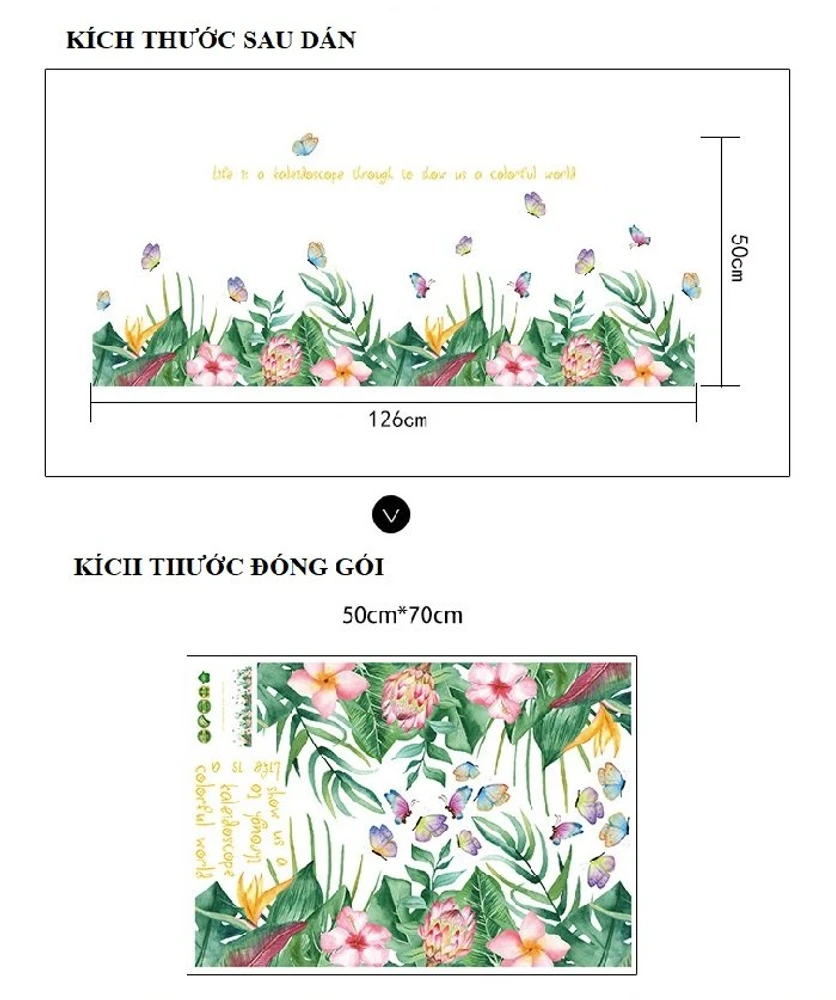 Decal dán tường chân tường lá xanh hoa hồng