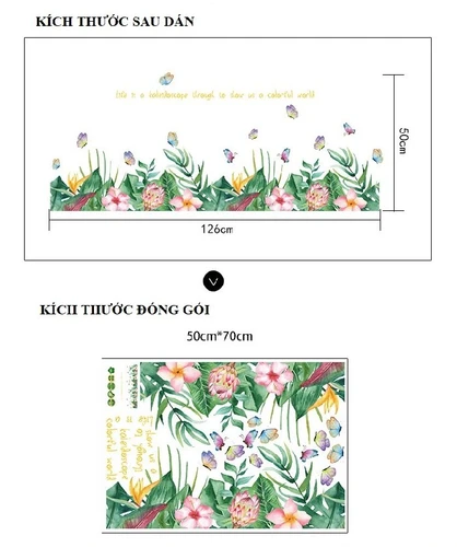 Decal dán tường chân tường lá xanh hoa hồng