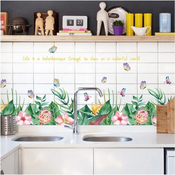 Decal dán tường chân tường lá xanh hoa hồng