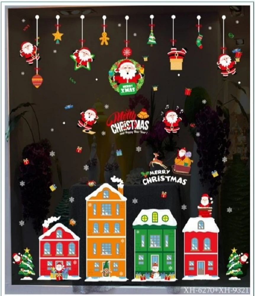 Decal trang trí noel 2 mặt combo ông già noel vui nhộn thành phố sắc màu