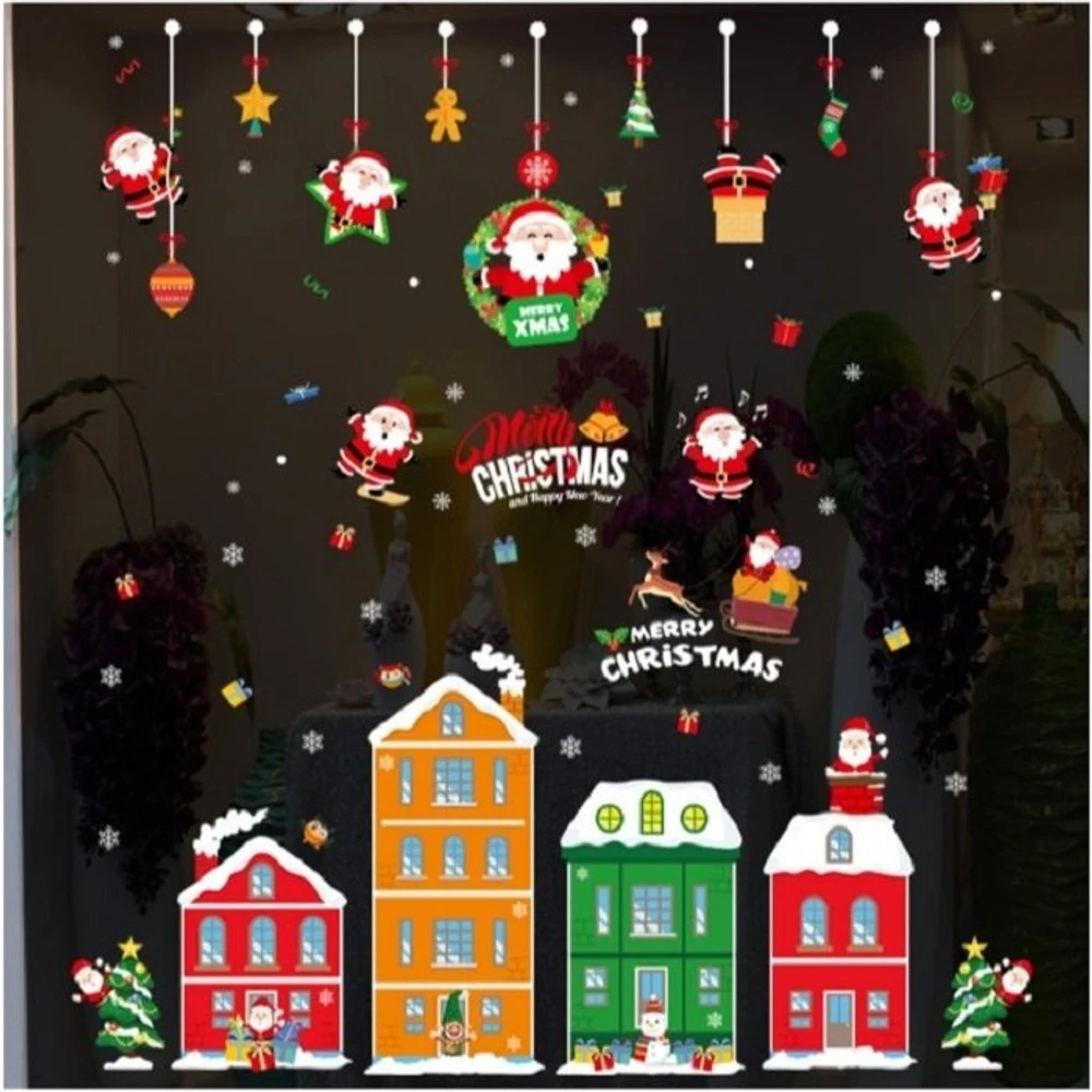 Decal trang trí noel 2 mặt combo ông già noel vui nhộn thành phố sắc màu