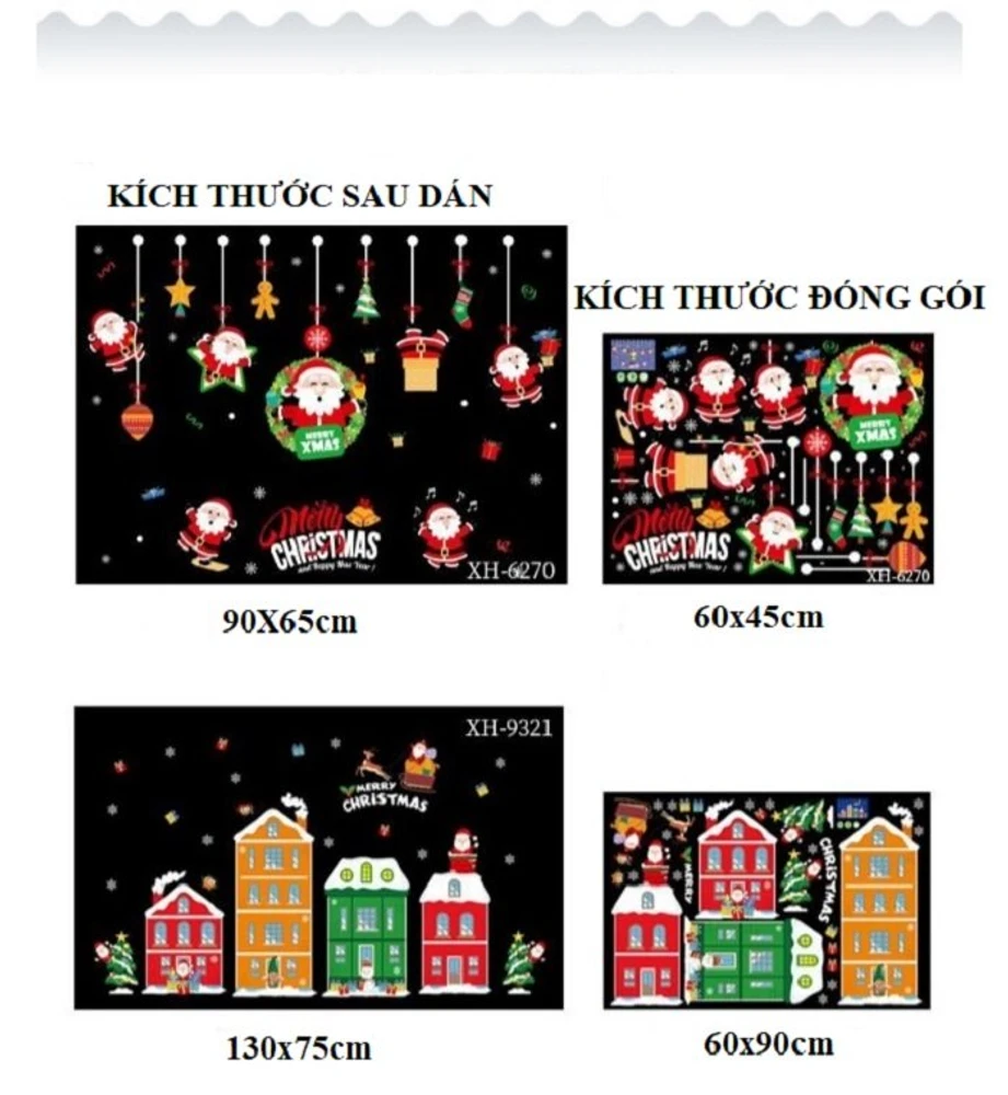 Decal trang trí noel 2 mặt combo ông già noel vui nhộn thành phố sắc màu
