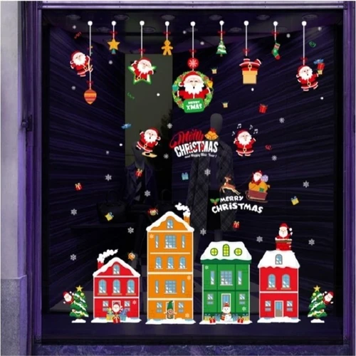 Decal trang trí noel 2 mặt combo ông già noel vui nhộn thành phố sắc màu