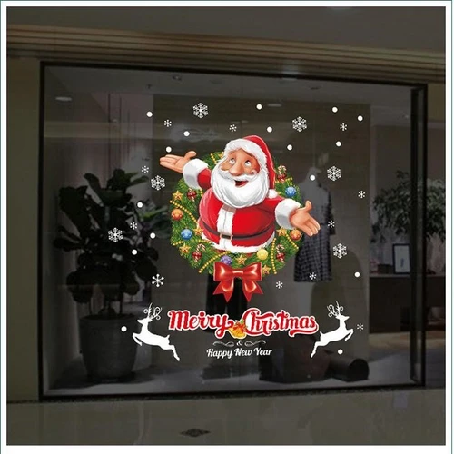 Decal trang trí noel 2 mặt vòng lá và ông già noel