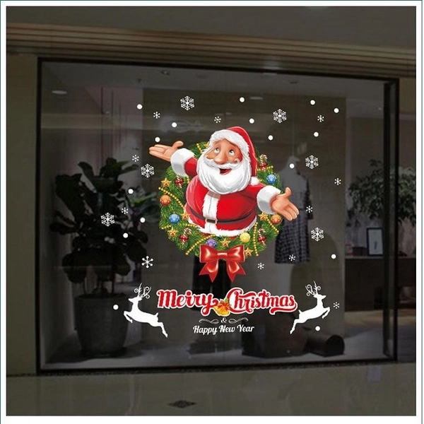 Decal 2 mặt trang trí noel vòng lá và ông già noel