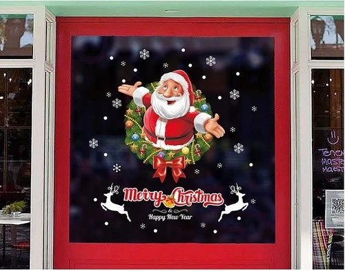 Decal trang trí noel 2 mặt vòng lá và ông già noel