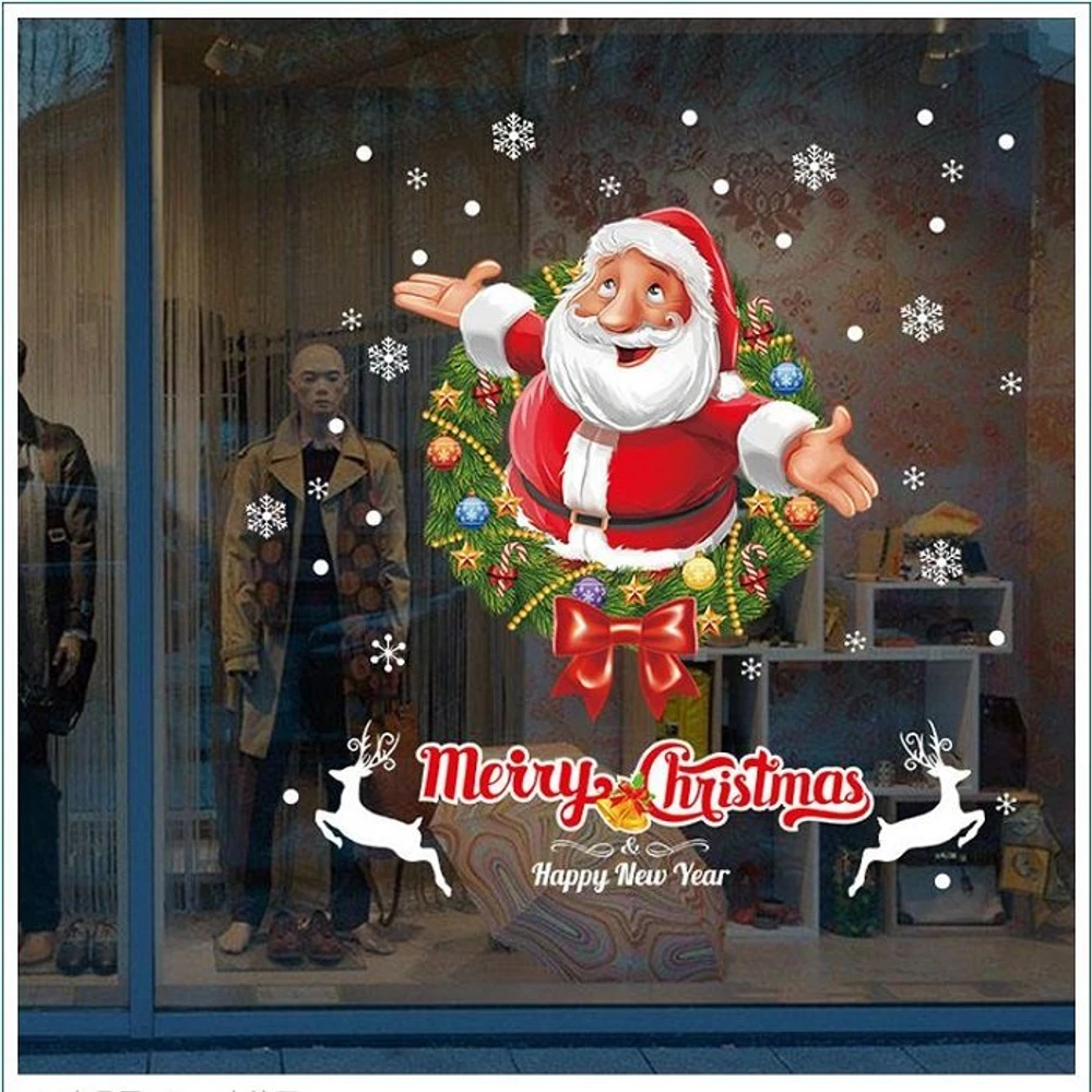 Decal trang trí noel 2 mặt vòng lá và ông già noel