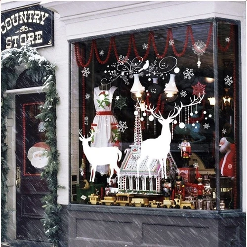 Decal trang trí noel cây thông noel và đôi tuần lộc (nền trắng đục)