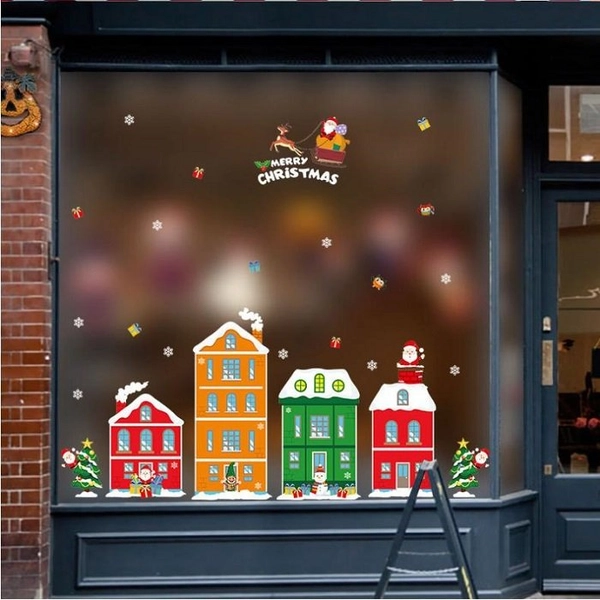 Decal 2 mặt trang trí noel thành phố sắc màu