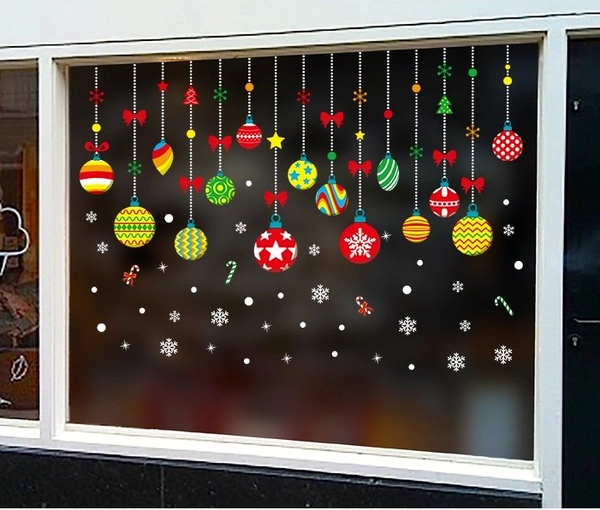 Decal 2 mặt trang trí noel dây treo quả châu sắc màu