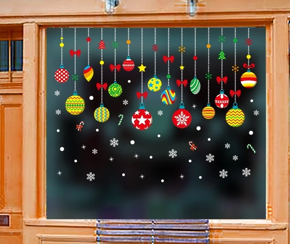 Decal 2 mặt trang trí noel dây treo quả châu sắc màu