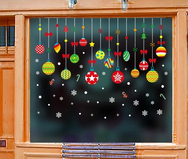 Decal 2 mặt trang trí noel dây treo quả châu sắc màu
