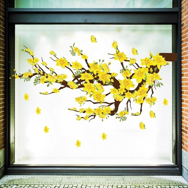 Decal Trang Trí Tết Cành Mai Vàng Nở Rộ