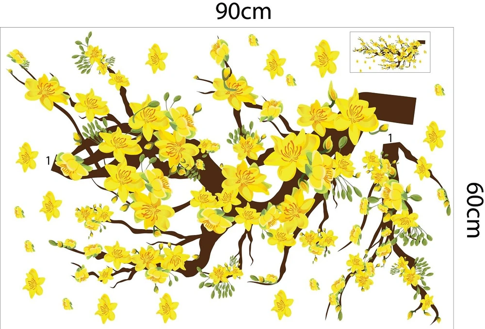 Decal trang trí tết cành mai vàng nở rộ