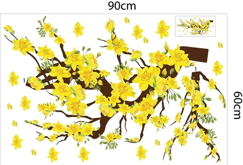 Decal trang trí tết cành mai vàng nở rộ