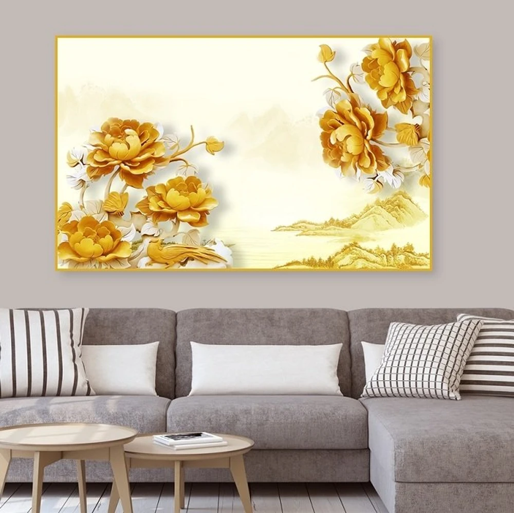 Tranh treo tường hoa mẫu đơn và phong cảnh