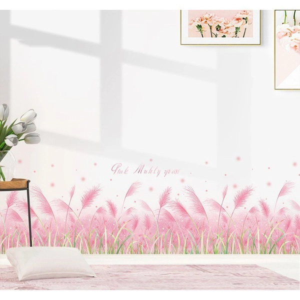 Decal dán chân tường cỏ hồng và đôi cánh hồng