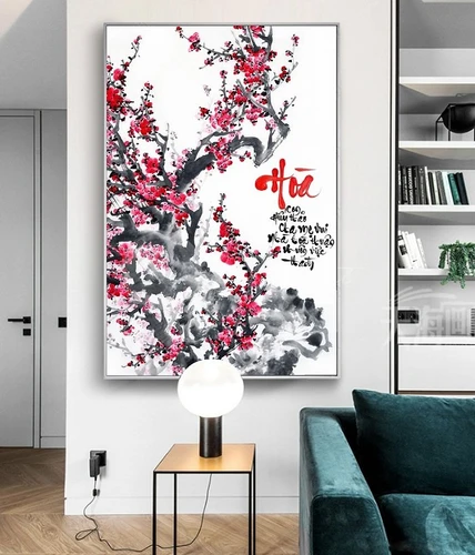 Tranh treo tường cành đào đỏ và chữ hòa