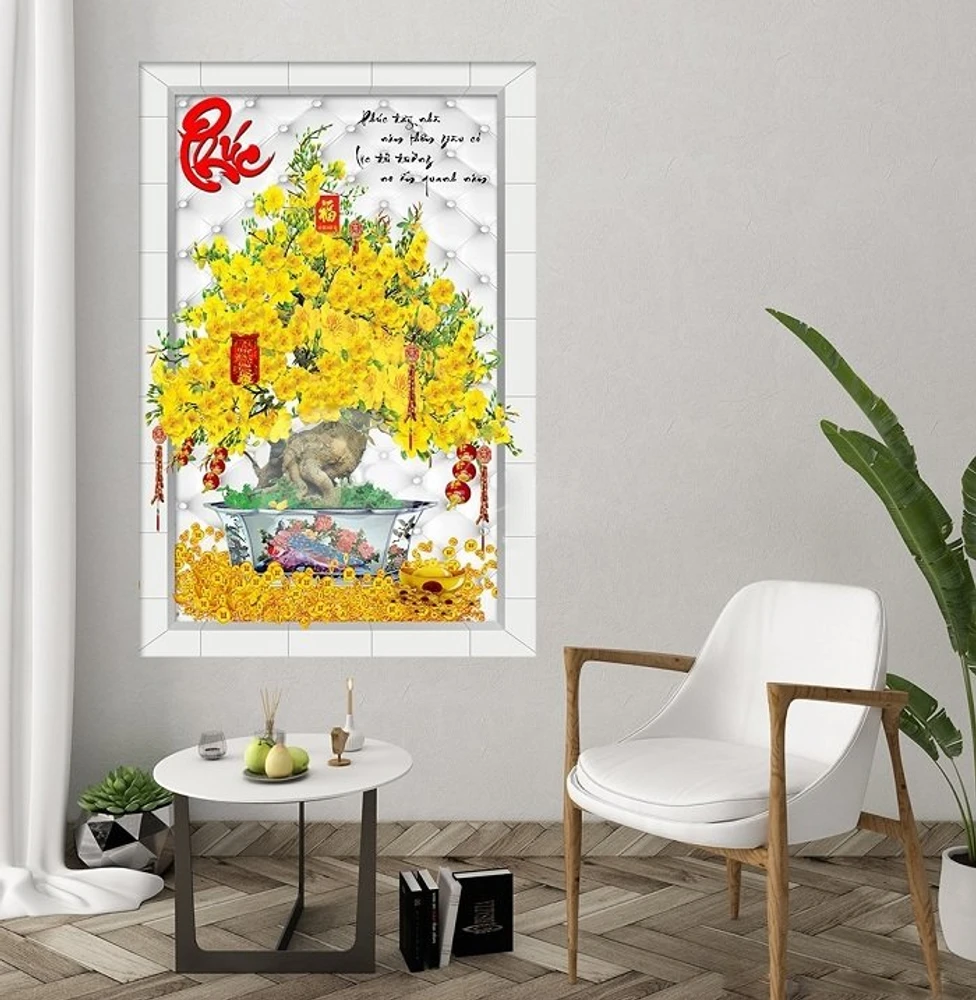 Tranh treo tường cây mai vàng tài lộc và chữ phúc đỏ