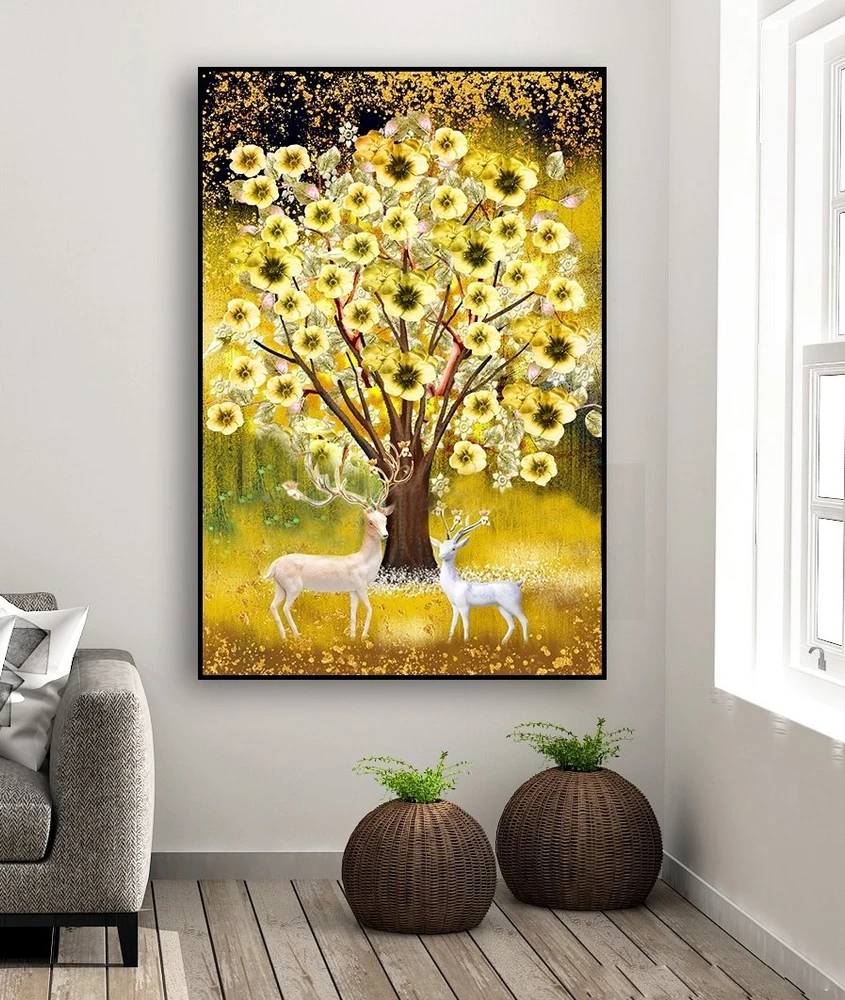 Tranh treo tường hoa sứ vàng tài lộc và đôi hươu phong thủy