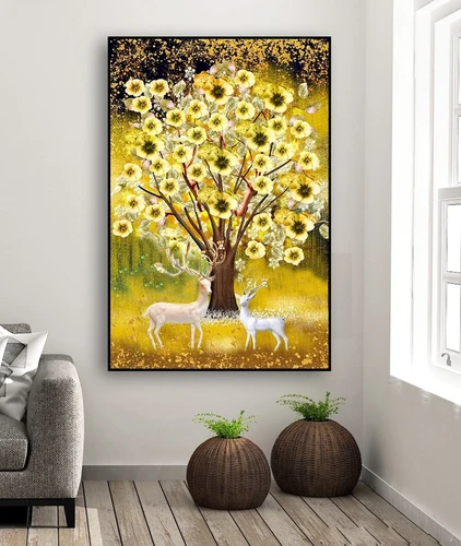 Tranh treo tường hoa sứ vàng tài lộc và đôi hươu phong thủy