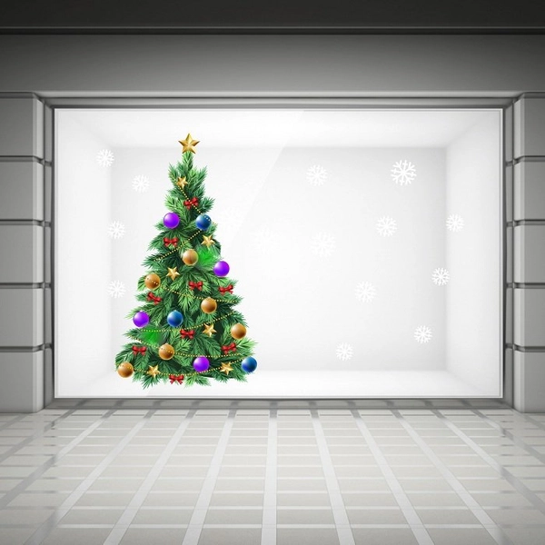 Decal trang trí noel cây thông và bông tuyết