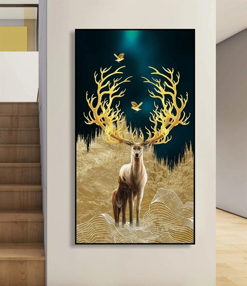 Tranh treo tường gia đình hươu giữa rừng đêm