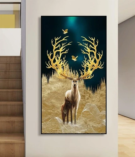 Tranh treo tường gia đình hươu giữa rừng đêm